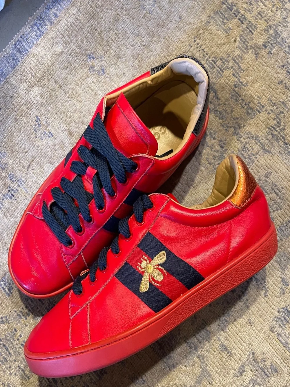 Gucci Red Leather Sneakers with Black Stripe and Gold Bee